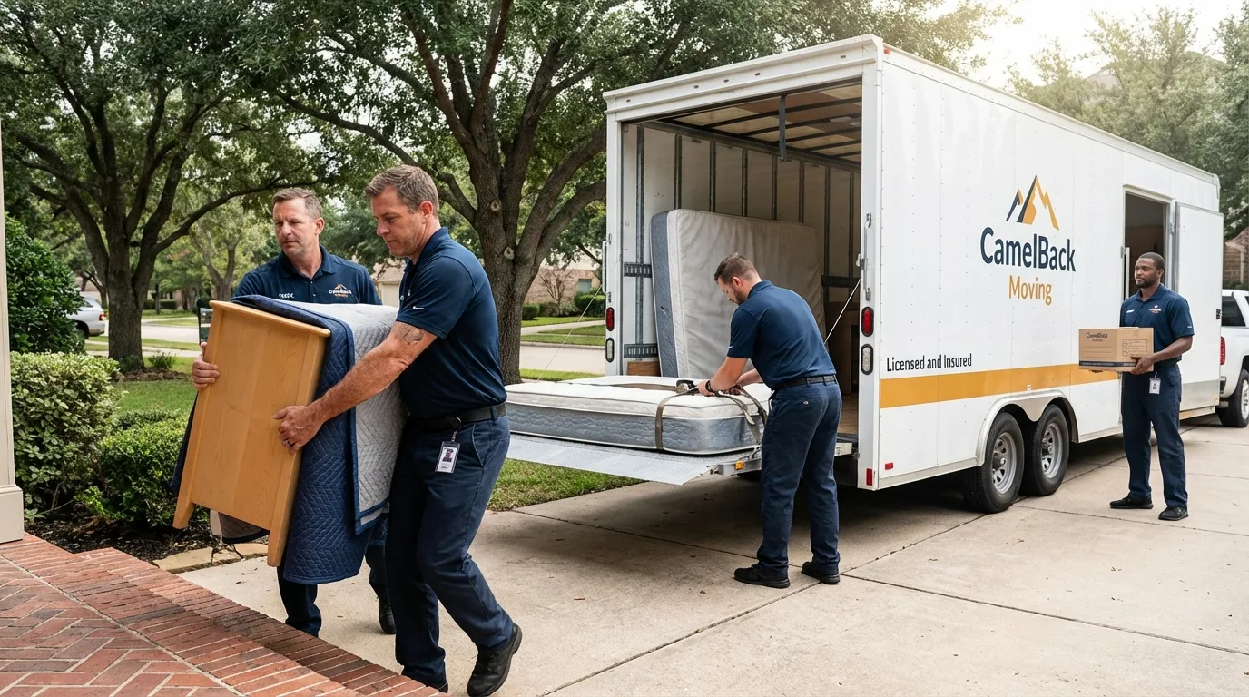 Crew loading residential truck for cross-state move from Schuyler, NE