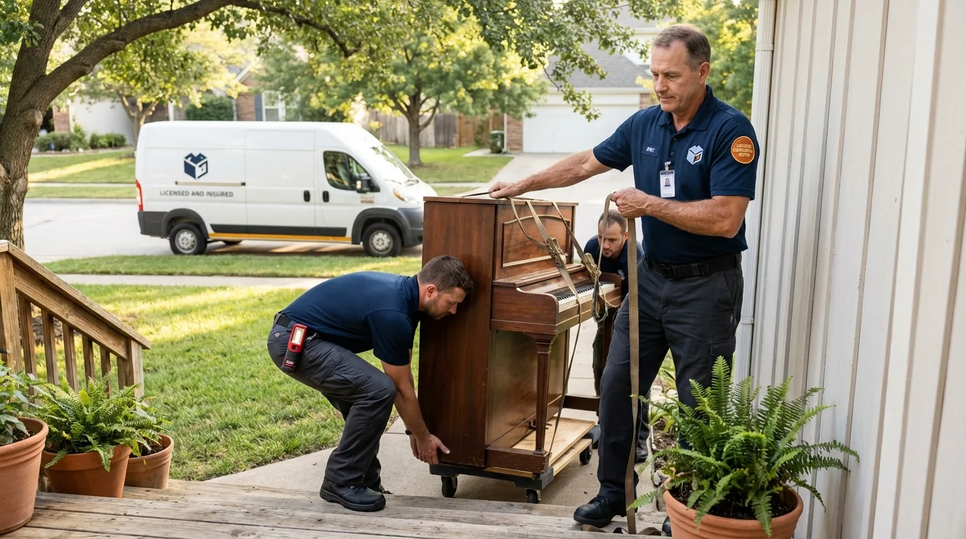 Licensed piano movers securing grand piano in Schuyler, NE