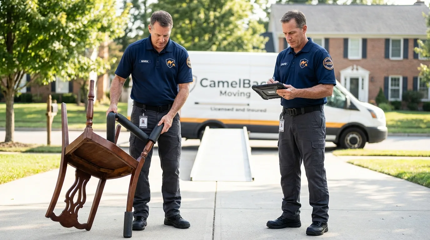 Movers inspecting furniture for damage prevention before loading in Schuyler, NE